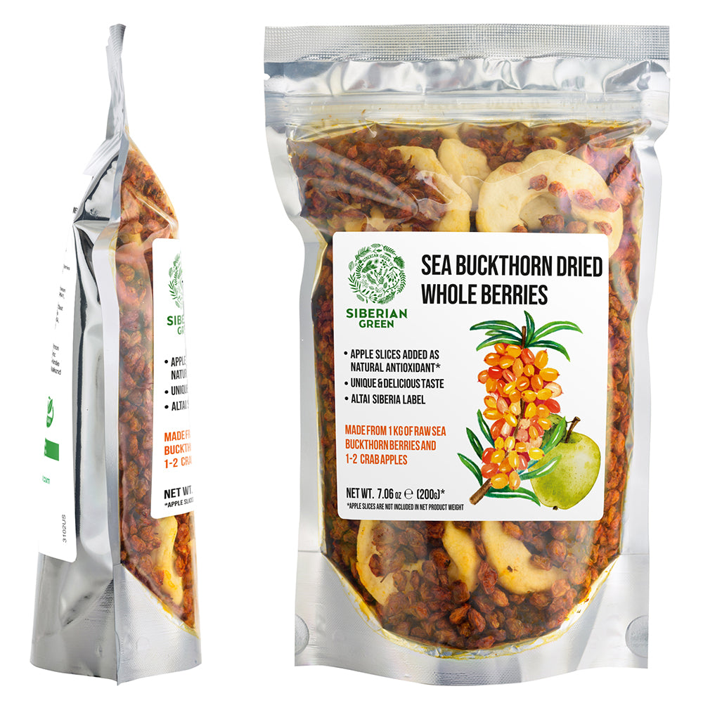 Siberian Sea Buckthorn Dried Berries with Apple Slices – 200g | Organic, Authentic, and Nutritious