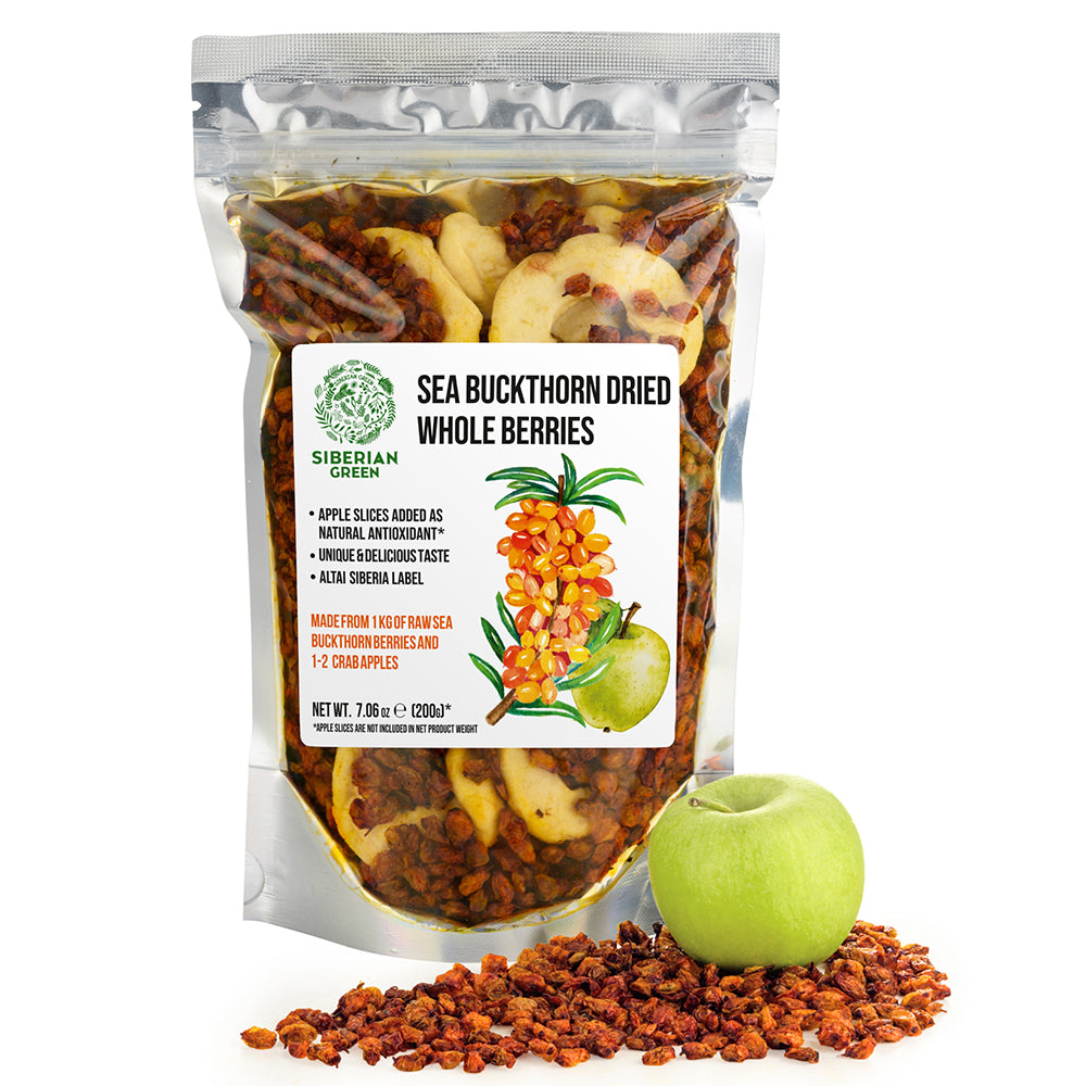 Siberian Sea Buckthorn Dried Berries with Apple Slices – 200g | Organic, Authentic, and Nutritious