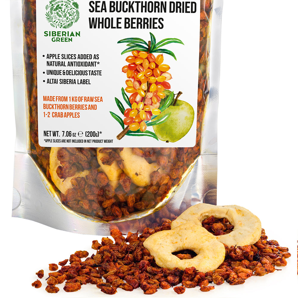 Siberian Sea Buckthorn Dried Berries with Apple Slices – 200g | Organic, Authentic, and Nutritious
