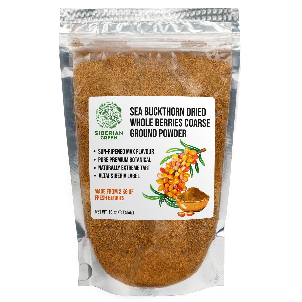 Siberian Green Sea Buckthorn Powder Canada – Dried Whole Berries Coarse Ground – 454 g – Superfruit Tea and Smoothie Blend for Canadians Wellness