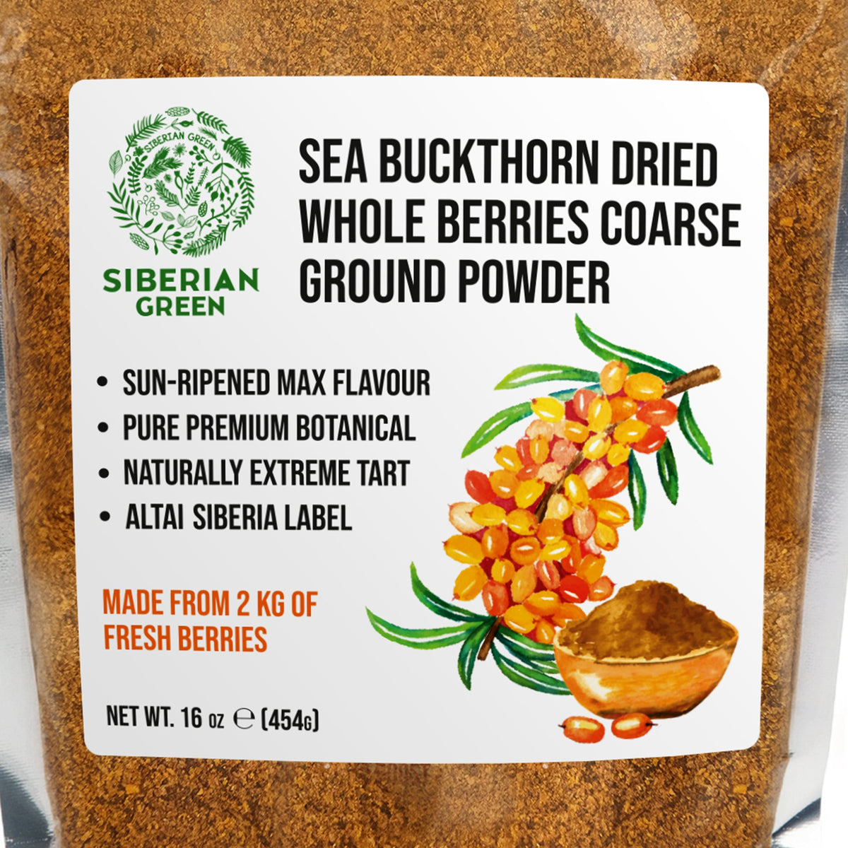 Siberian Green Sea Buckthorn Powder Canada – Dried Whole Berries Coarse Ground – 454 g – Superfruit Tea and Smoothie Blend for Canadians Wellness
