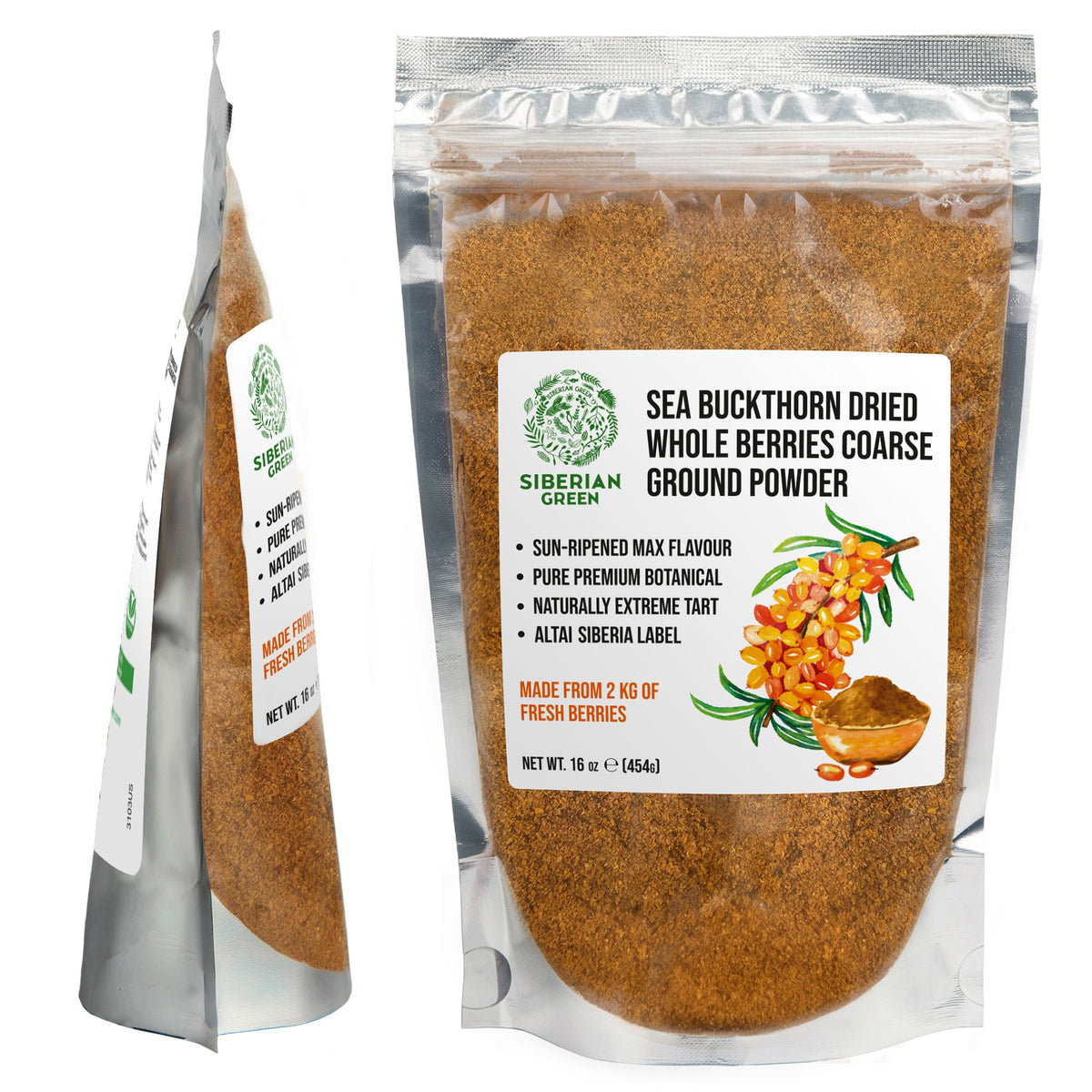 Siberian Green Sea Buckthorn Powder Canada – Dried Whole Berries Coarse Ground – 454 g – Superfruit Tea and Smoothie Blend for Canadians Wellness