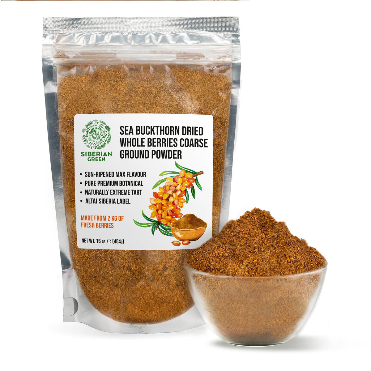 Siberian Green Sea Buckthorn Powder Canada – Dried Whole Berries Coarse Ground – 454 g – Superfruit Tea and Smoothie Blend for Canadians Wellness
