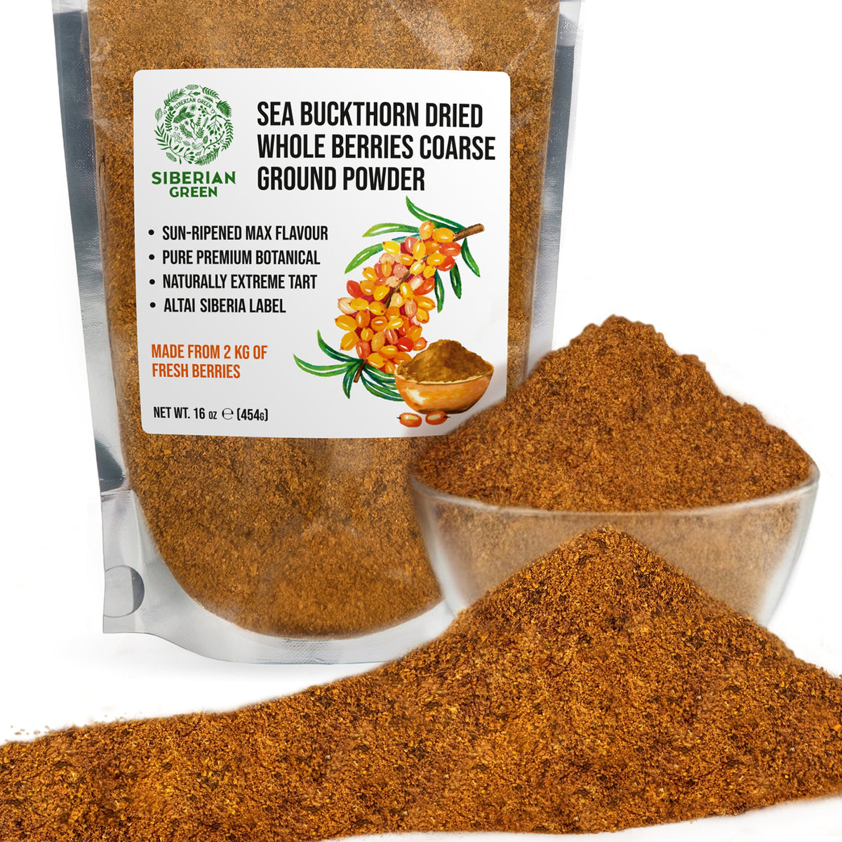 Siberian Green Sea Buckthorn Powder Canada – Dried Whole Berries Coarse Ground – 454 g – Superfruit Tea and Smoothie Blend for Canadians Wellness