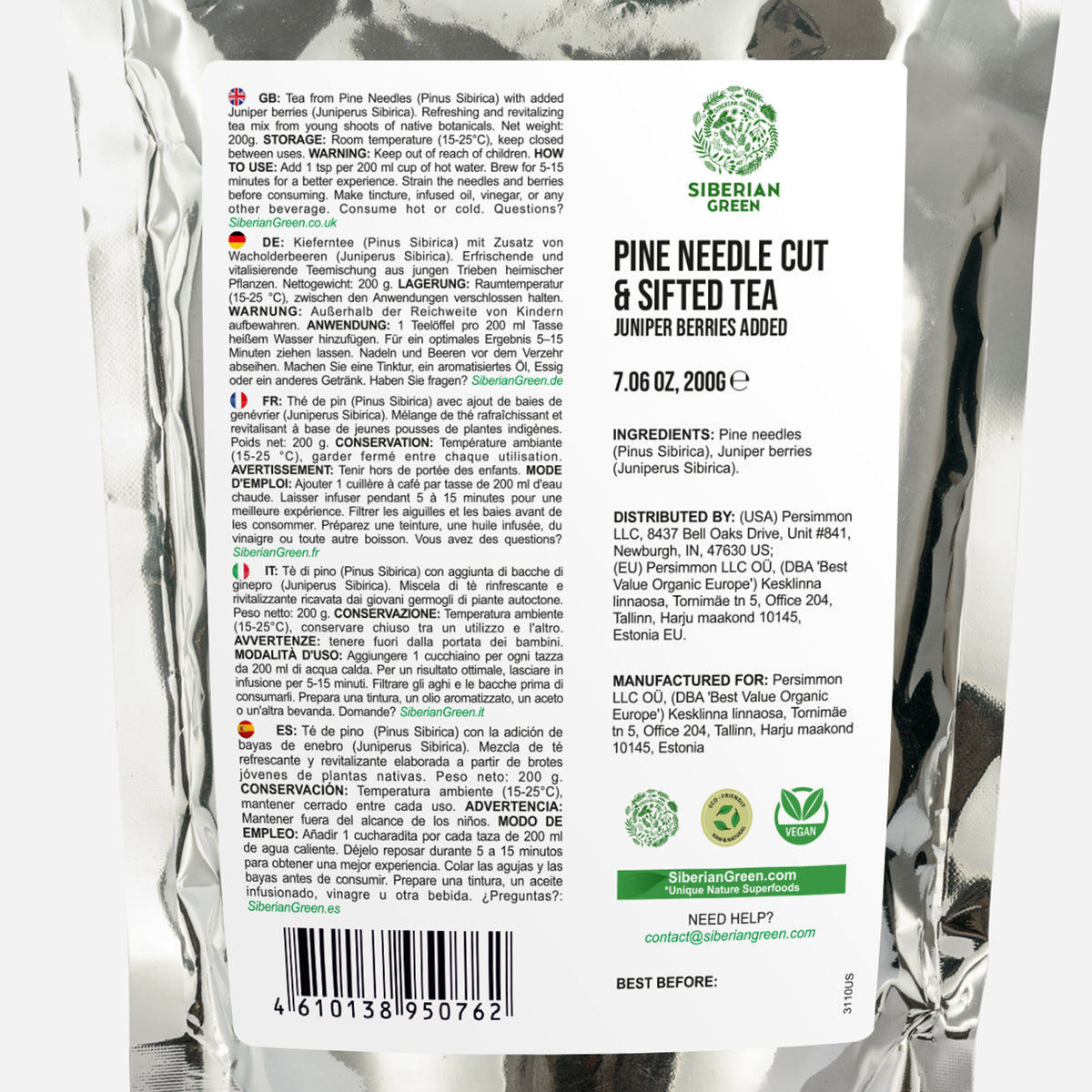 Thé à l'aiguille de pin en poudre libre 200 g (7,05 oz) de pin blanc Pinus Sibirica récolté à l'état sauvage