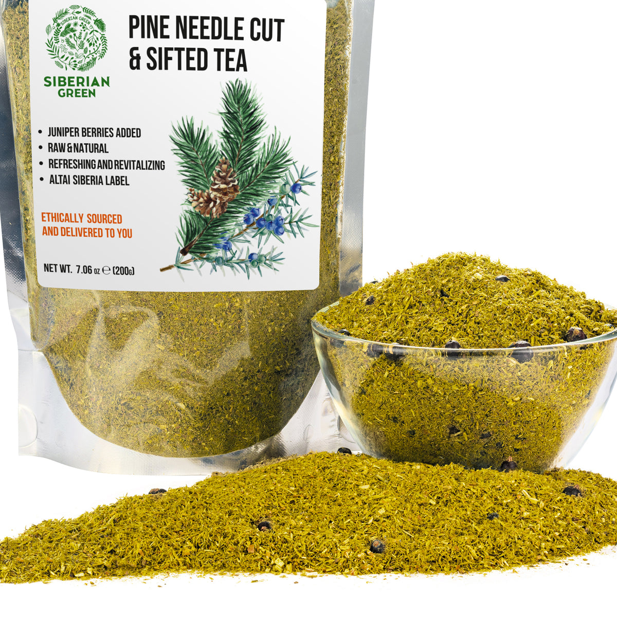 Thé à l'aiguille de pin en poudre libre 200 g (7,05 oz) de pin blanc Pinus Sibirica récolté à l'état sauvage