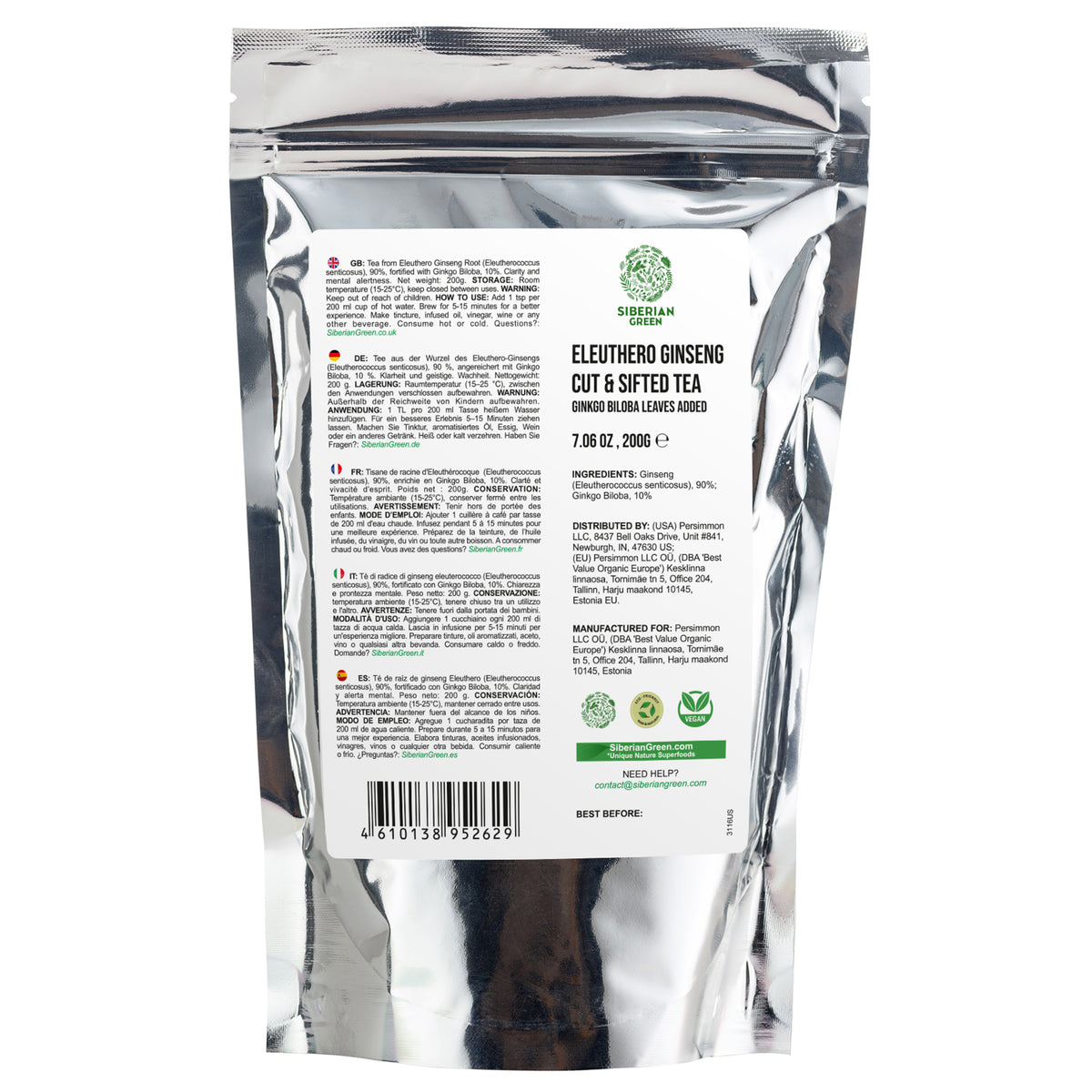 Poudre de ginseng sibérien biologique + 10% de Ginkgo Biloba