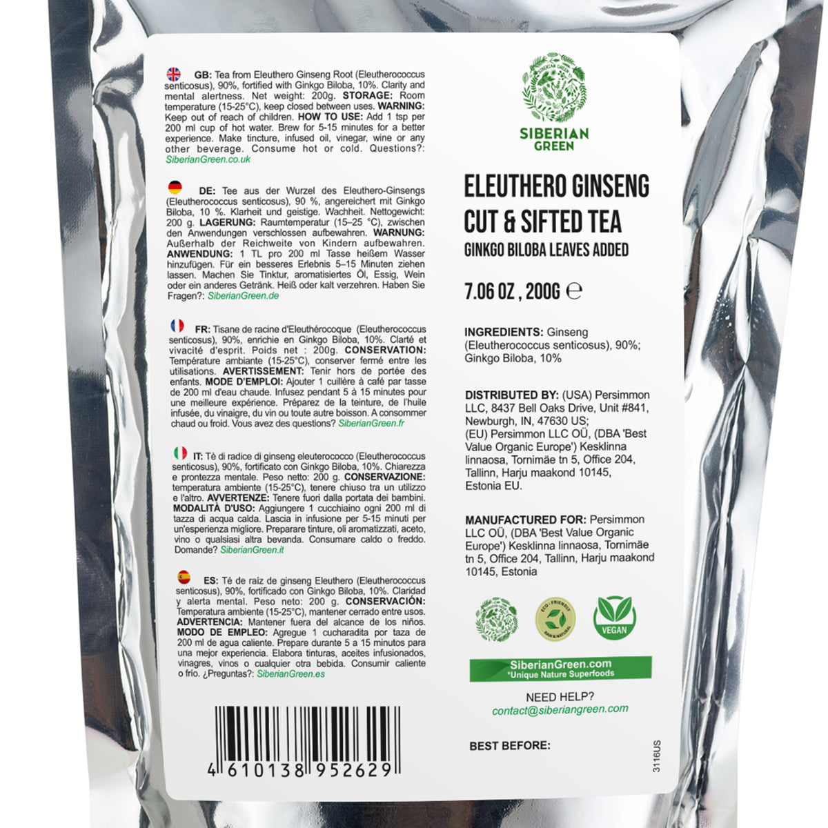Poudre de ginseng sibérien biologique + 10% de Ginkgo Biloba