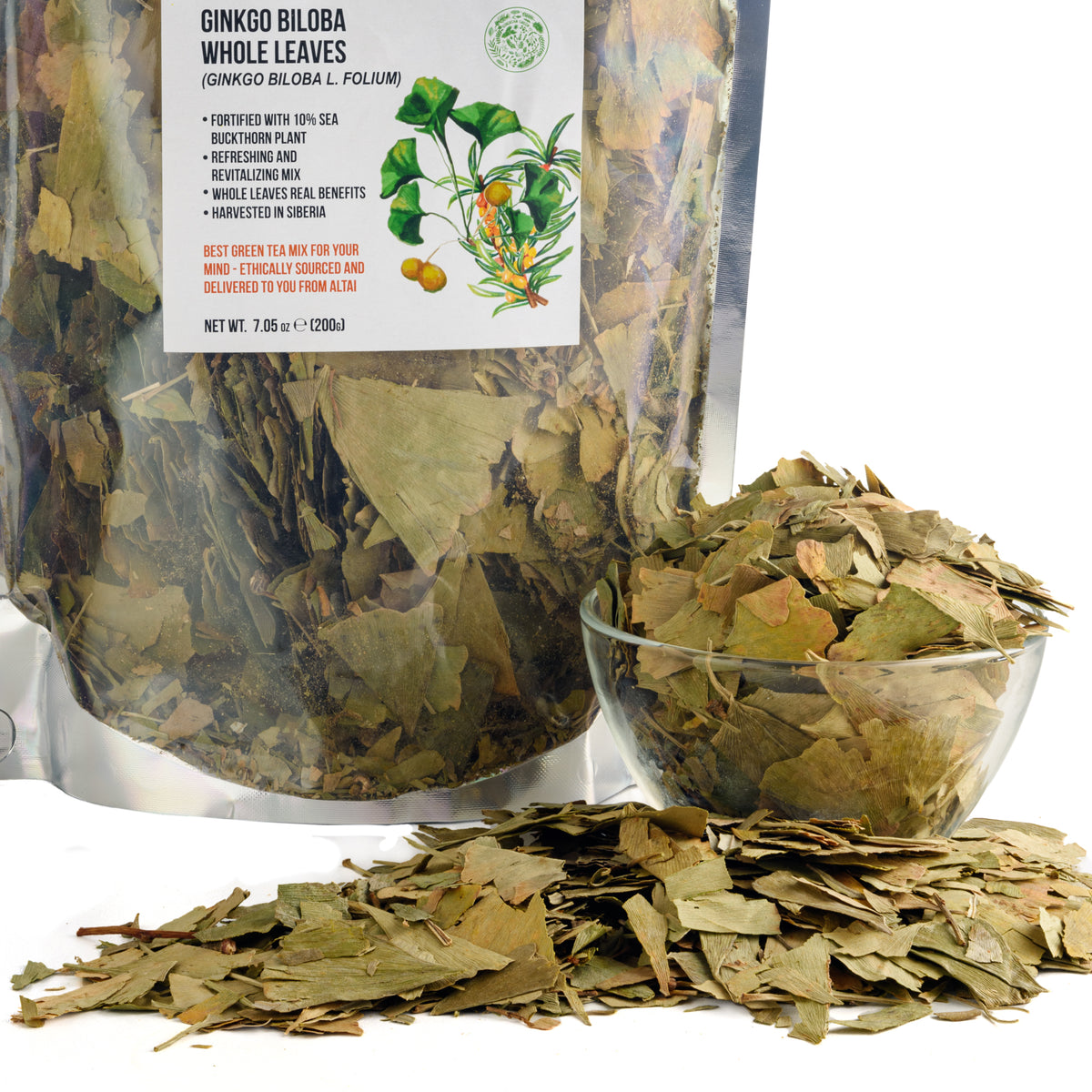 Feuilles coupées et tamisées de Ginkgo Biloba vert de Sibérie 200 g (7,06 oz) – 100 % thé Biloba en vrac de qualité supérieure, récolte sauvage pure et saine