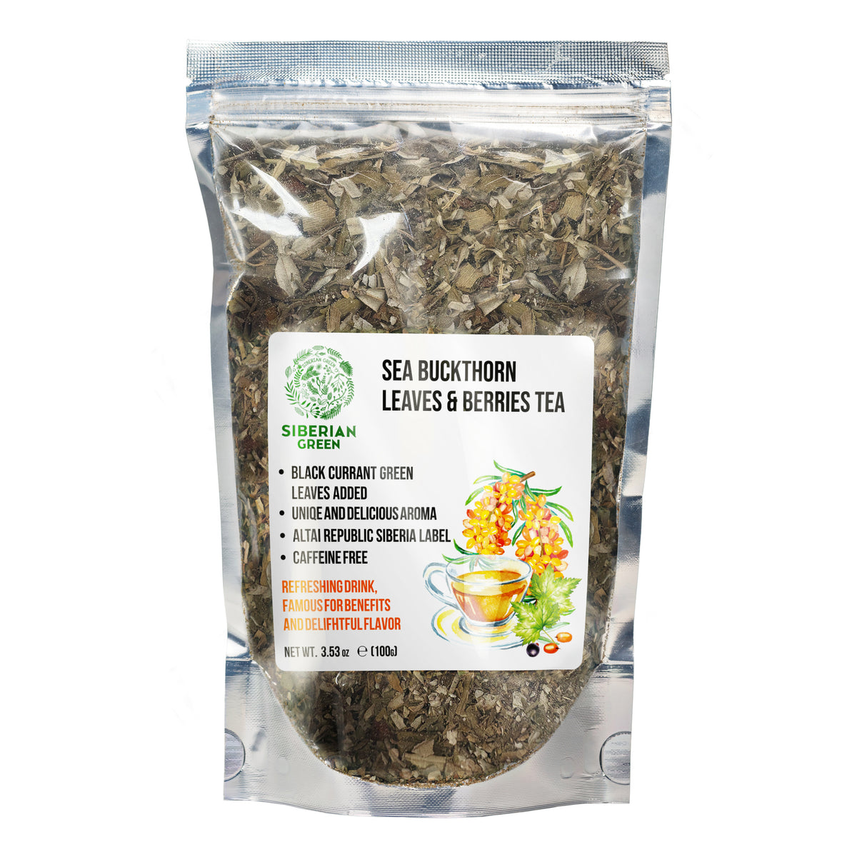 Thé à l'argousier vert de Sibérie 100 g (3,53 oz) Feuilles séchées au soleil Hippophae récoltées à l'état sauvage dans les montagnes de l'Altaï