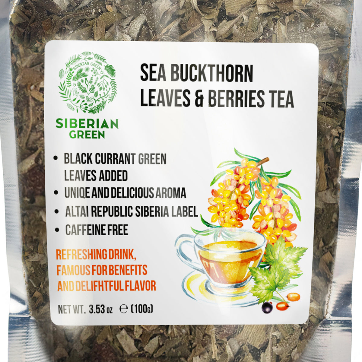 Thé à l'argousier vert de Sibérie 100 g (3,53 oz) Feuilles séchées au soleil Hippophae récoltées à l'état sauvage dans les montagnes de l'Altaï