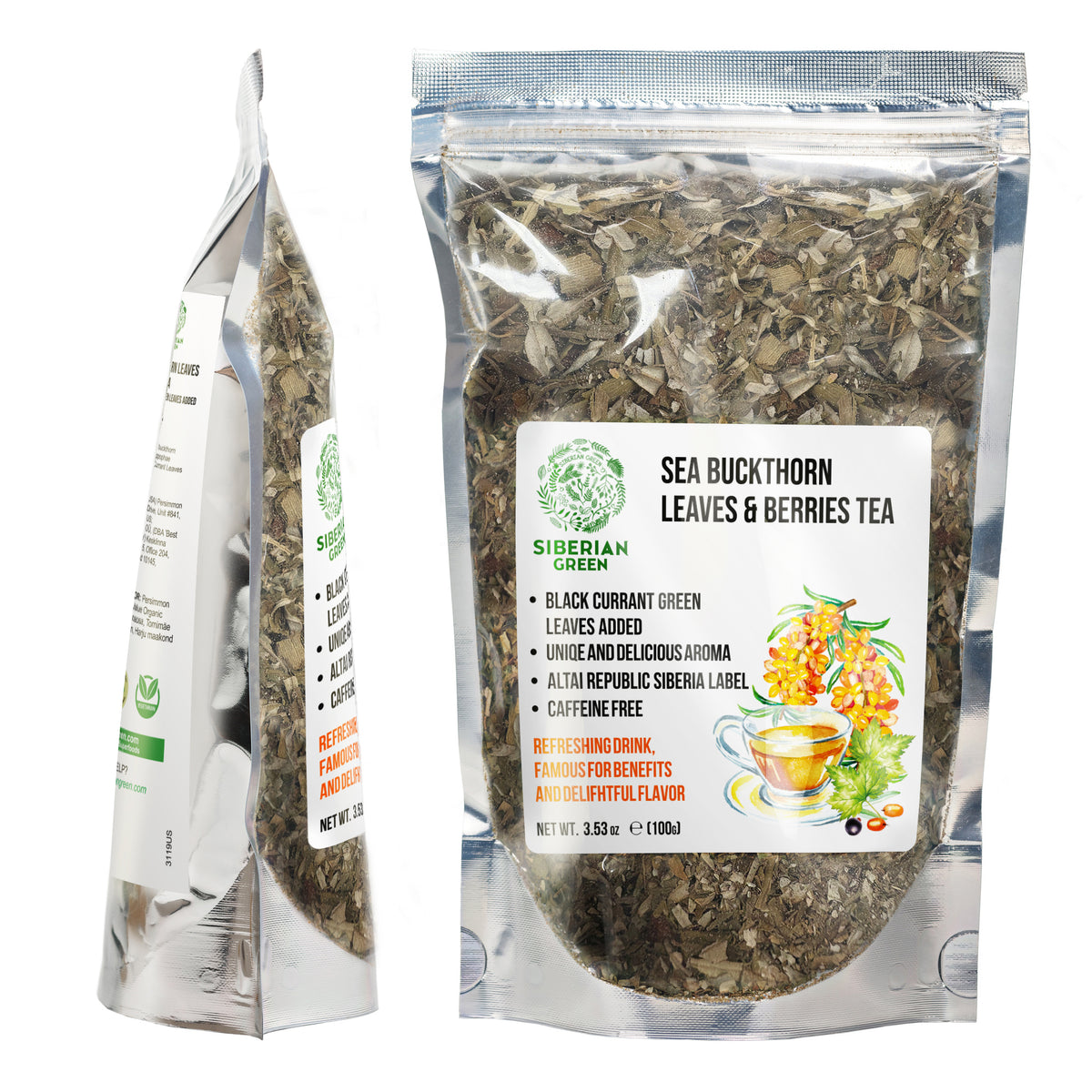 Thé à l'argousier vert de Sibérie 100 g (3,53 oz) Feuilles séchées au soleil Hippophae récoltées à l'état sauvage dans les montagnes de l'Altaï