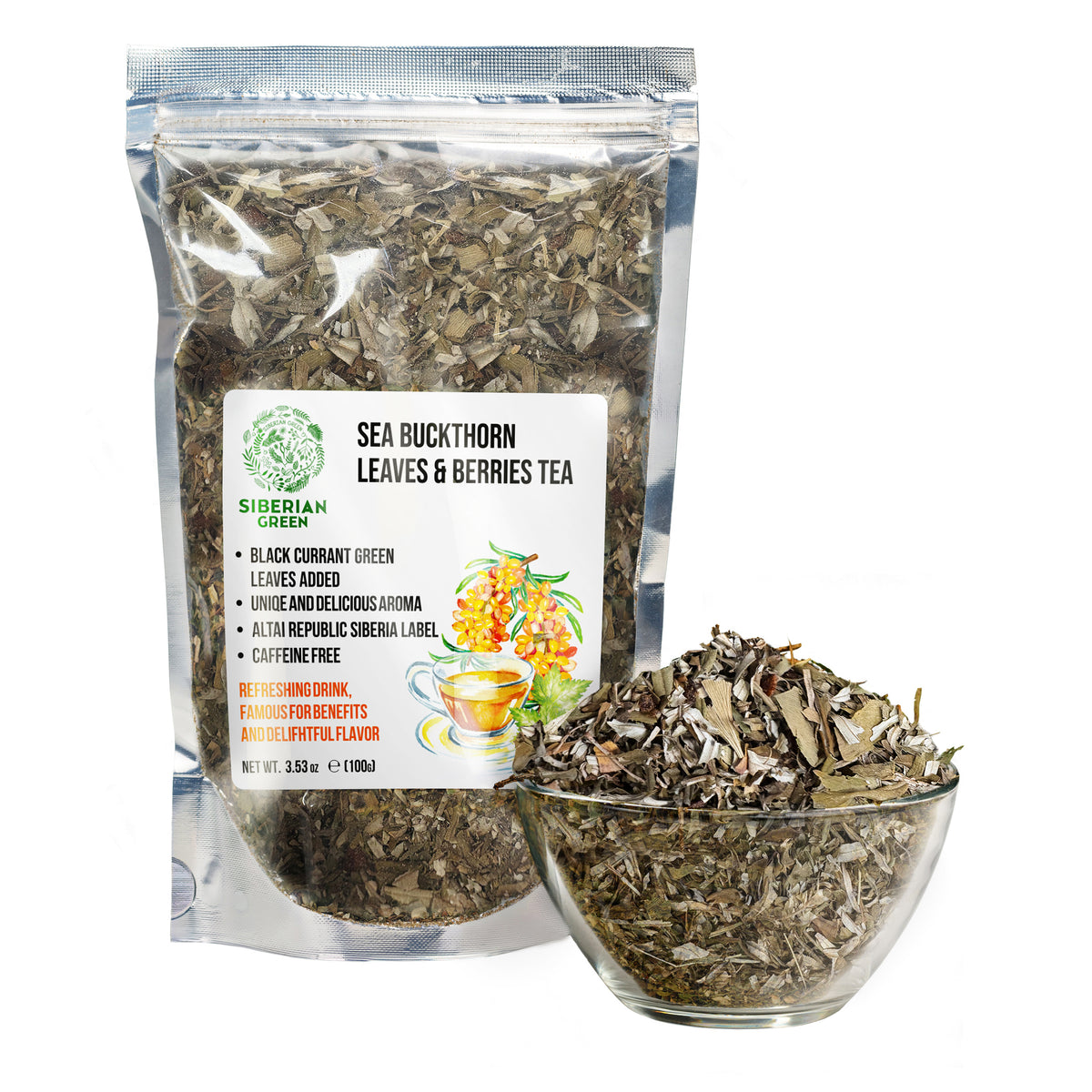 Thé à l'argousier vert de Sibérie 100 g (3,53 oz) Feuilles séchées au soleil Hippophae récoltées à l'état sauvage dans les montagnes de l'Altaï