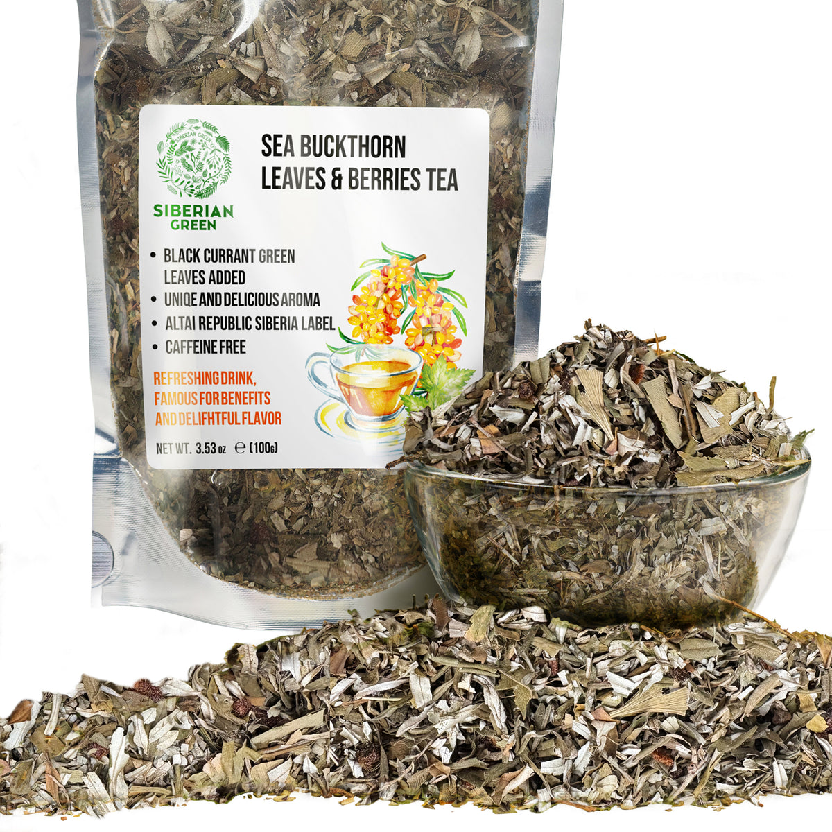 Thé à l'argousier vert de Sibérie 100 g (3,53 oz) Feuilles séchées au soleil Hippophae récoltées à l'état sauvage dans les montagnes de l'Altaï