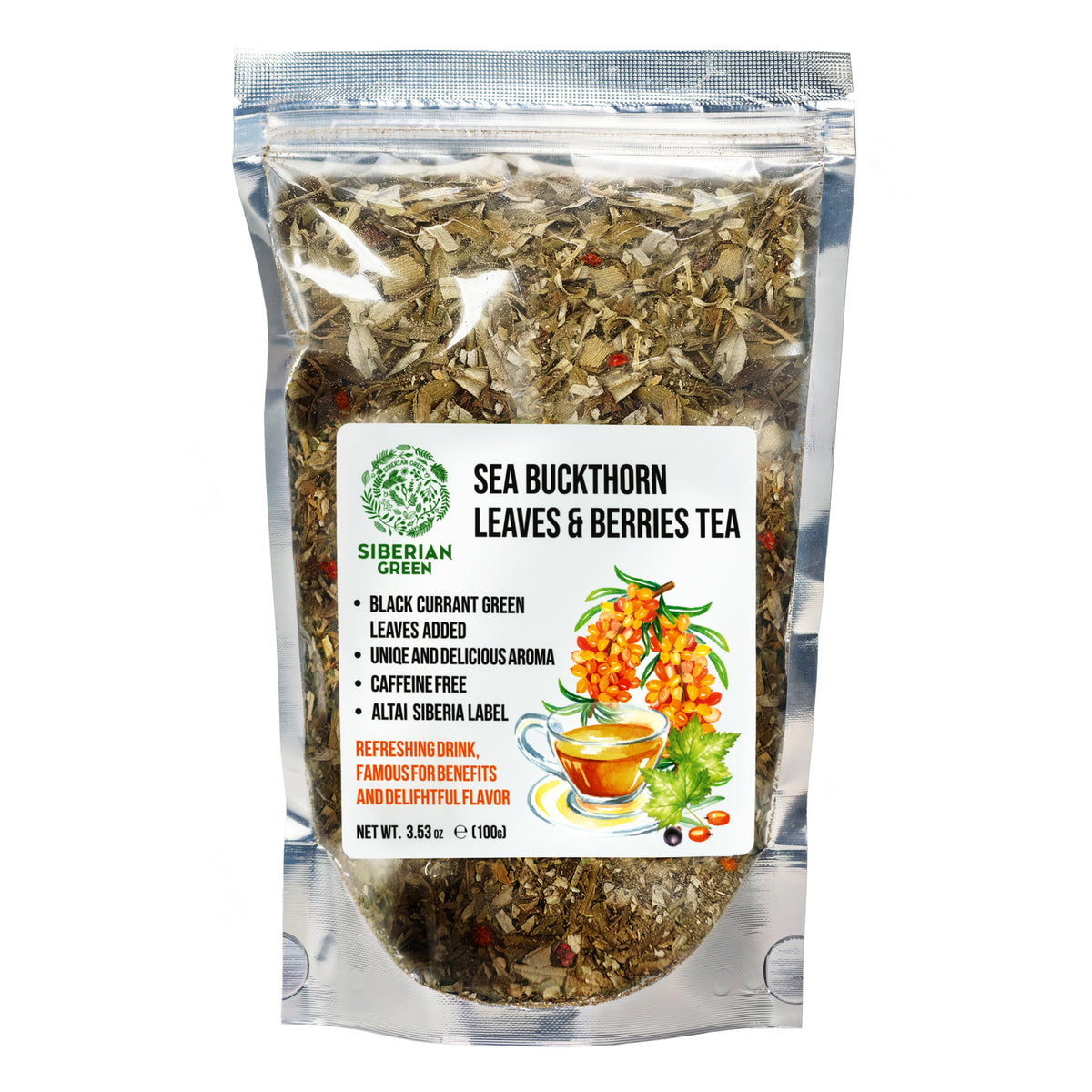Thé à l'argousier vert de Sibérie 100 g (3,53 oz) Feuilles séchées au soleil Hippophae récoltées à l'état sauvage dans les montagnes de l'Altaï