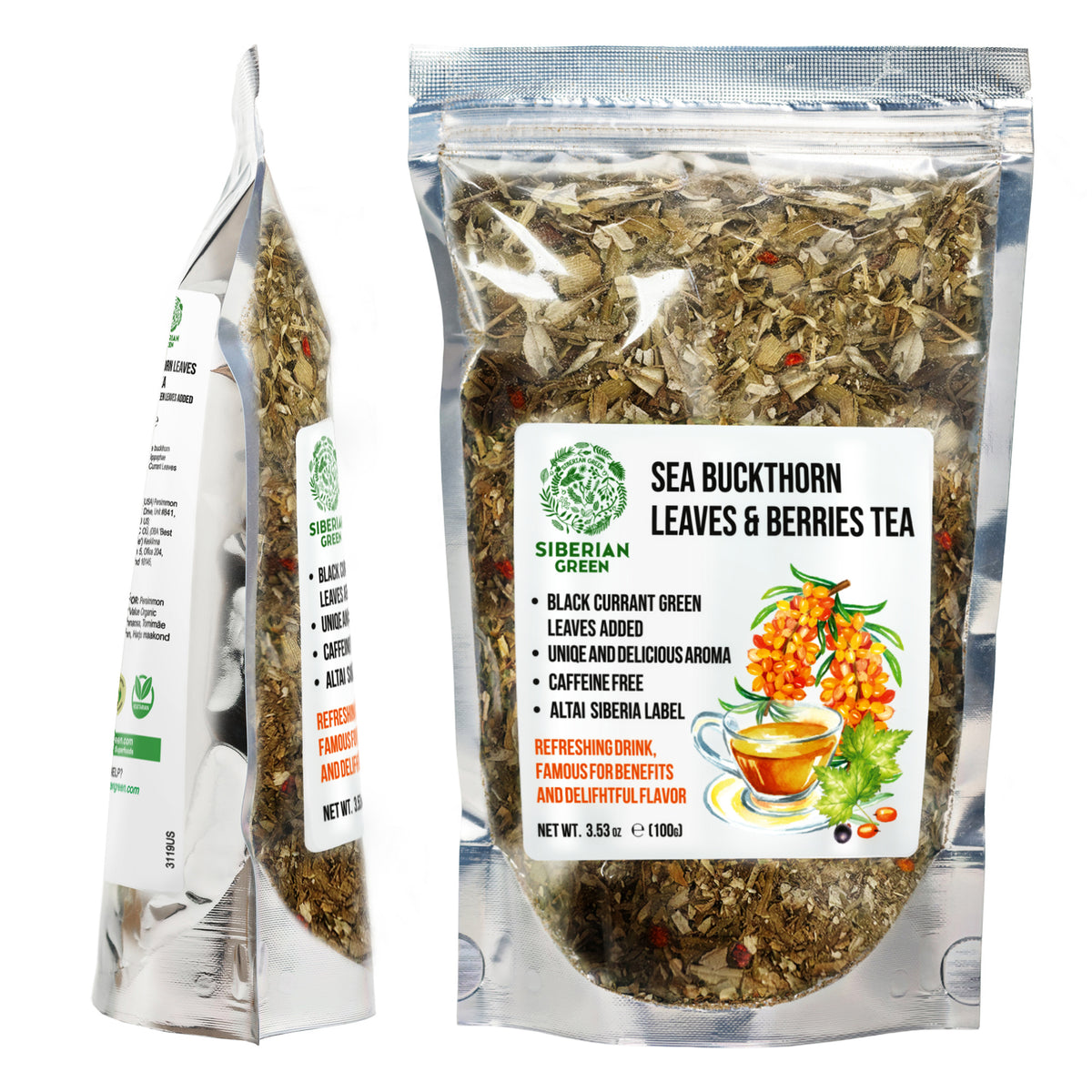 Thé à l'argousier vert de Sibérie 100 g (3,53 oz) Feuilles séchées au soleil Hippophae récoltées à l'état sauvage dans les montagnes de l'Altaï