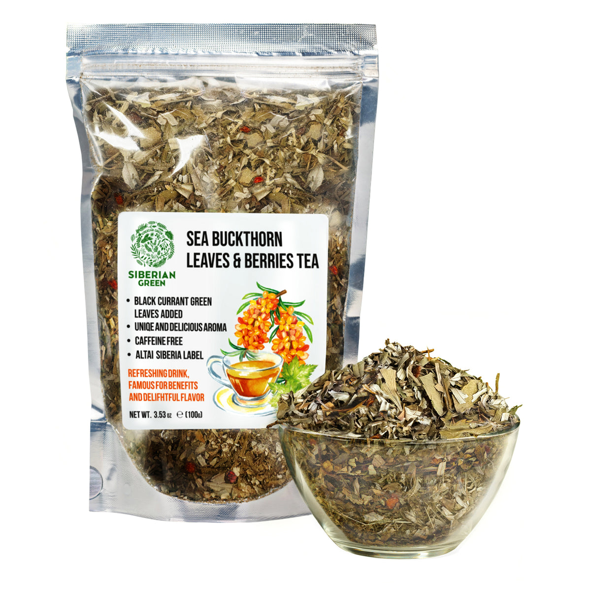 Thé à l'argousier vert de Sibérie 100 g (3,53 oz) Feuilles séchées au soleil Hippophae récoltées à l'état sauvage dans les montagnes de l'Altaï