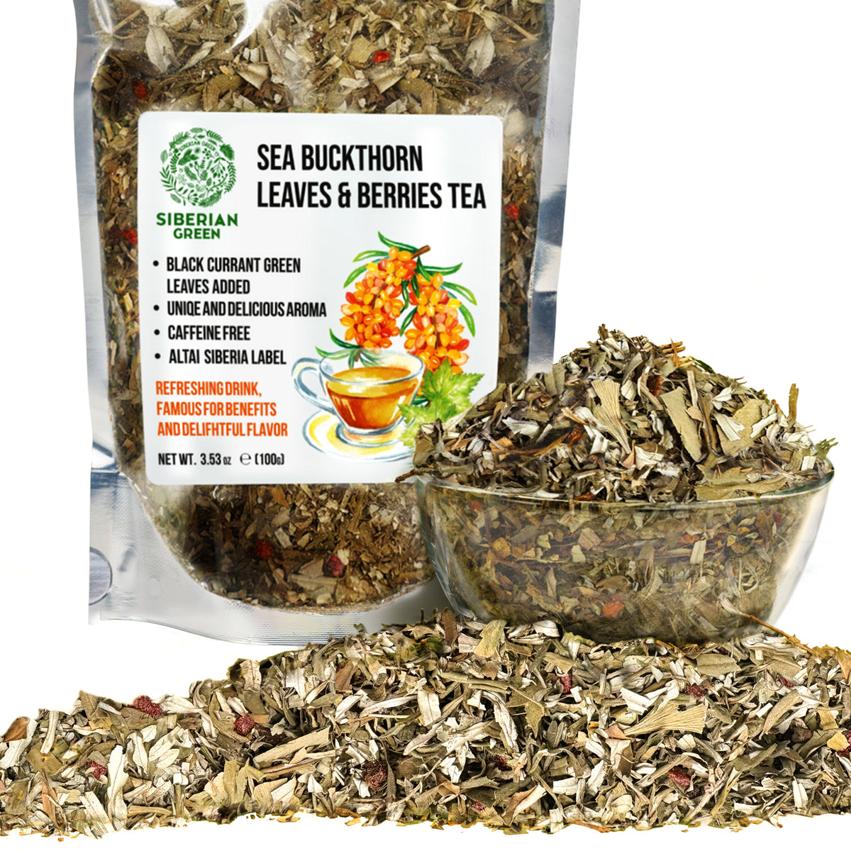 Thé à l'argousier vert de Sibérie 100 g (3,53 oz) Feuilles séchées au soleil Hippophae récoltées à l'état sauvage dans les montagnes de l'Altaï