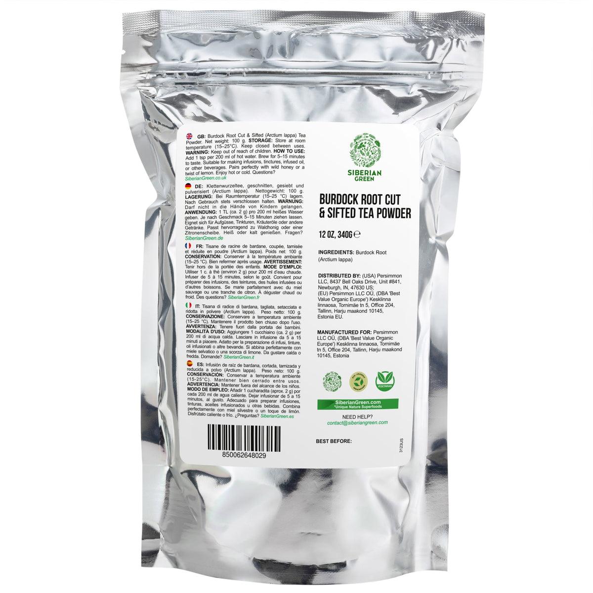 Siberian Green Burdock Root Tea Powder Canada 340 g Herbal Cut Sifted Natural Detox Tea for Skin Wellness Digestive Support
