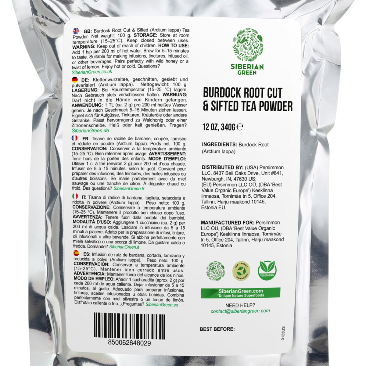 Siberian Green Burdock Root Tea Powder Canada 340 g Herbal Cut Sifted Natural Detox Tea for Skin Wellness Digestive Support
