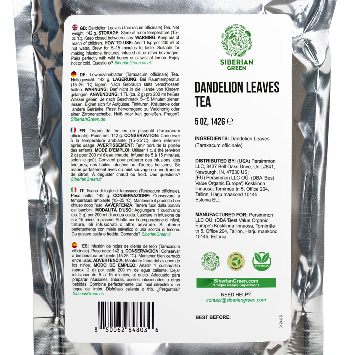 Siberian Green Dandelion Leaf Tea – Caffeine-Free Wellness Infusion, Nutrient-Rich Loose Leaf, 142 g