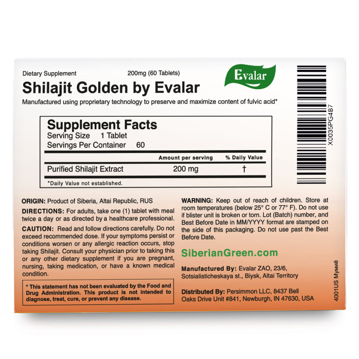 Evalar Shilajit Or Mumijo Résine 60 Caps
