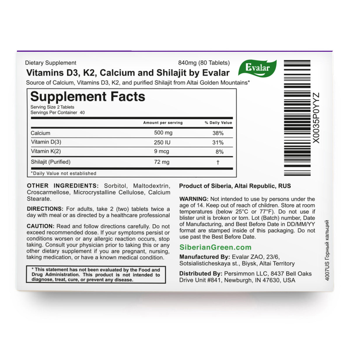 Mountain Calcium Evalar 80 comprimés avec Shilajit doré de l'Altaï sibérien