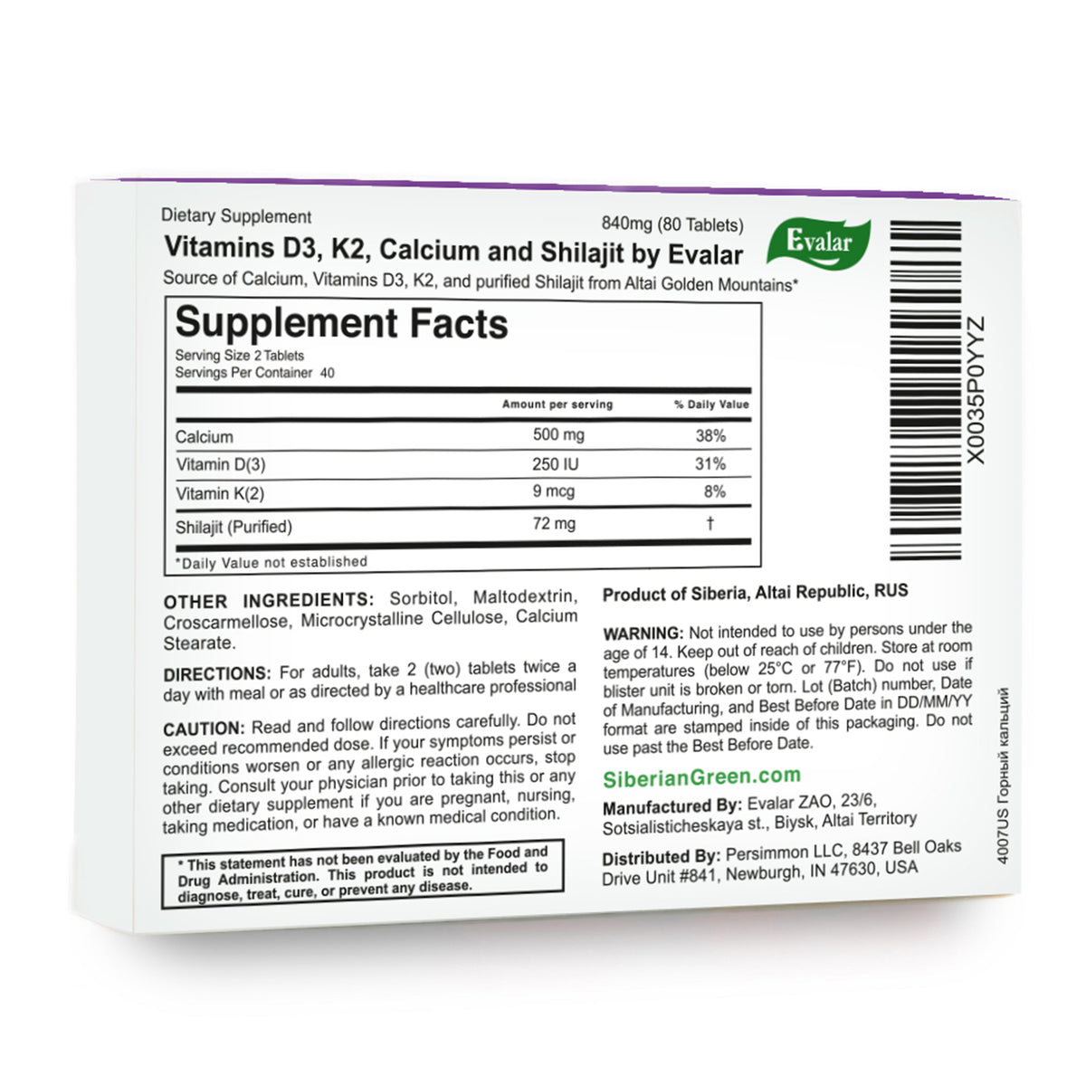 Mountain Calcium Evalar 80 comprimés avec Shilajit doré de l'Altaï sibérien