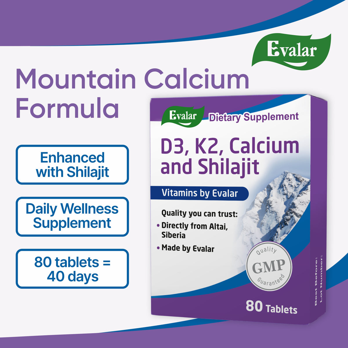 Mountain Calcium Evalar 80 comprimés avec Shilajit doré de l'Altaï sibérien
