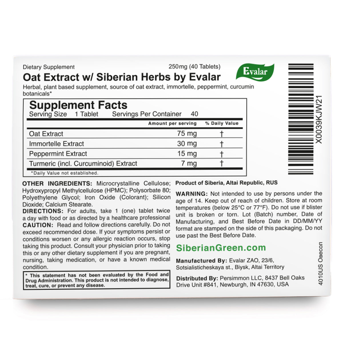 Oat Extract with Herbs by Evalar Ovesol 40 Tabs
