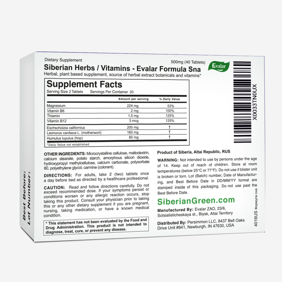 Herbes et vitamines d'Evalar Formula Sna 40 comprimés