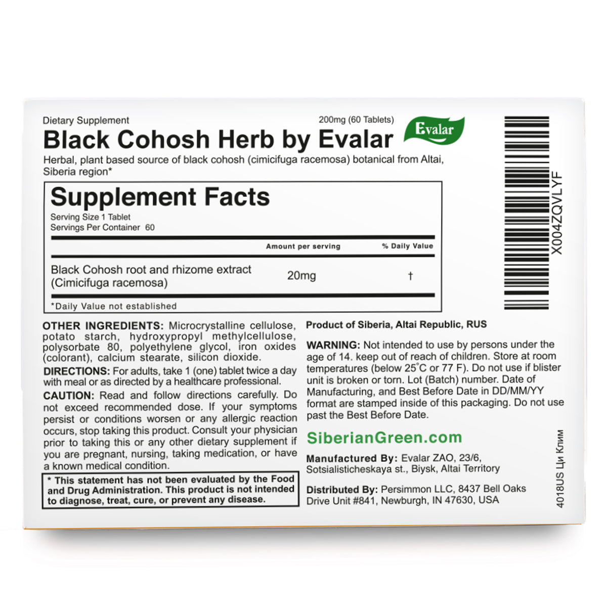 Black Cohosh Cimicifuga Herbal Extract with Vitamins by Evalar 60 Tabs
