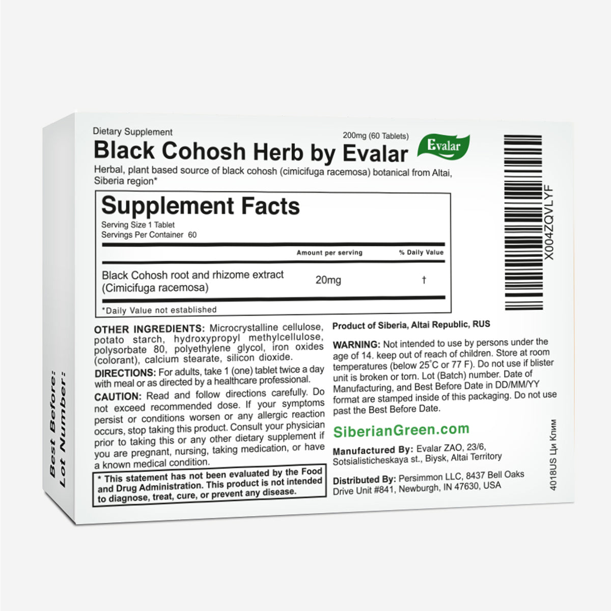 Black Cohosh Cimicifuga Herbal Extract with Vitamins by Evalar 60 Tabs