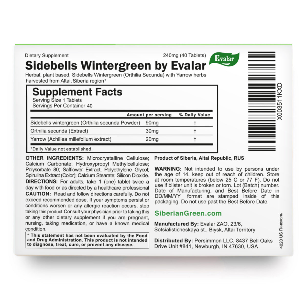 Orthilia Secunda Sidebells Wintergreen Achillée Evalar 40 Comprimés