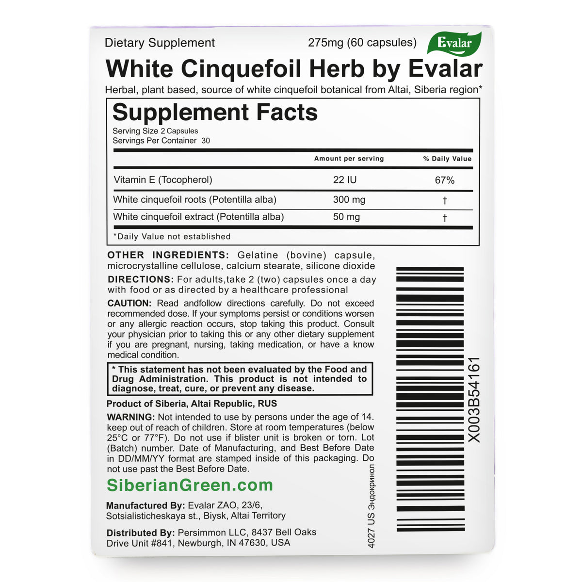 Herbe Potentilla Potentille Blanche par Evalar 60 Caps