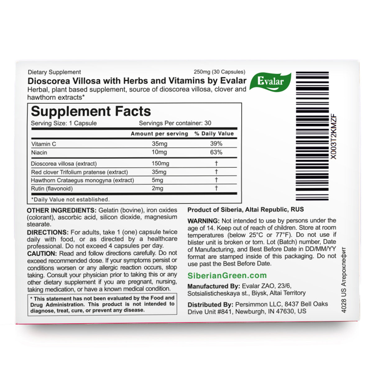 Dioscorea Villosa Wild Yam Trèfle rouge par Evalar Ateroklefit Herb 30 Caps