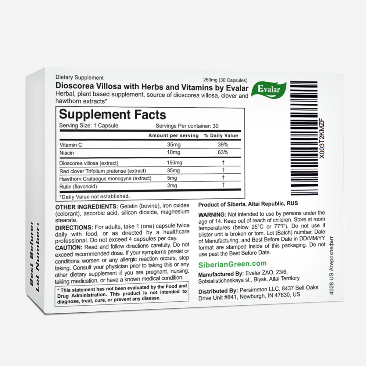 Dioscorea Villosa Wild Yam Trèfle rouge par Evalar Ateroklefit Herb 30 Caps