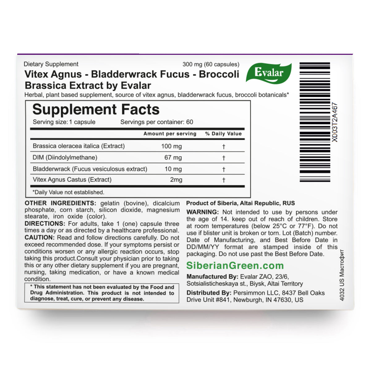 Vitex Chaste Tree Bladderwrack Fucus Extrait Mastofit Herb par Evalar 100 Tab
