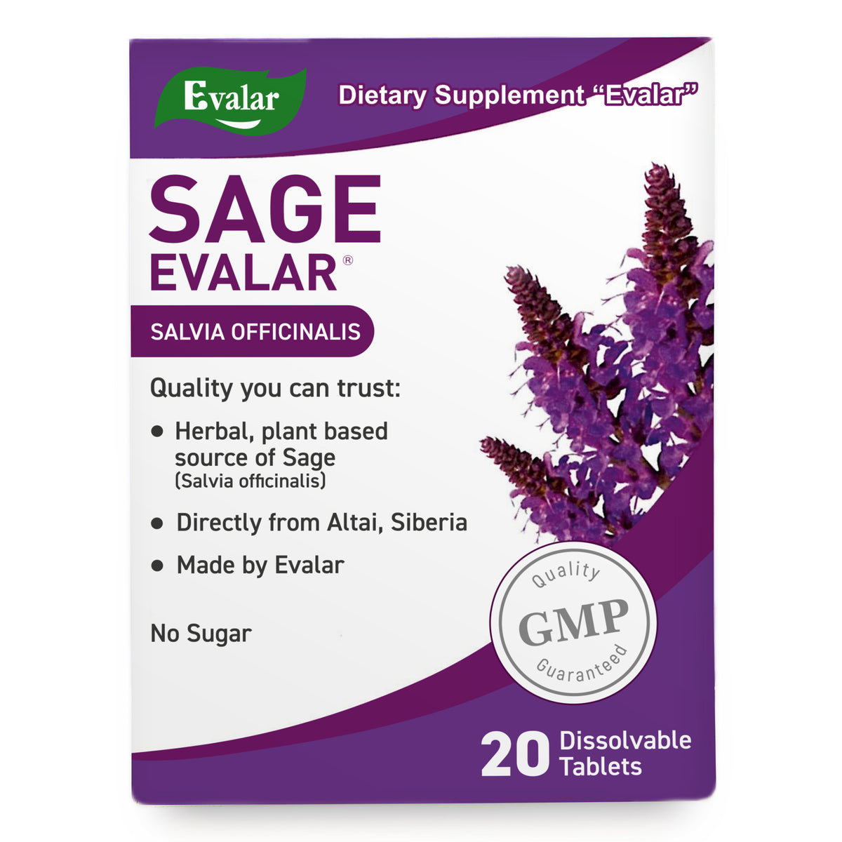 Sauge Salvia officinalis Herbe par Evalar Dissoluble 20 Tabs