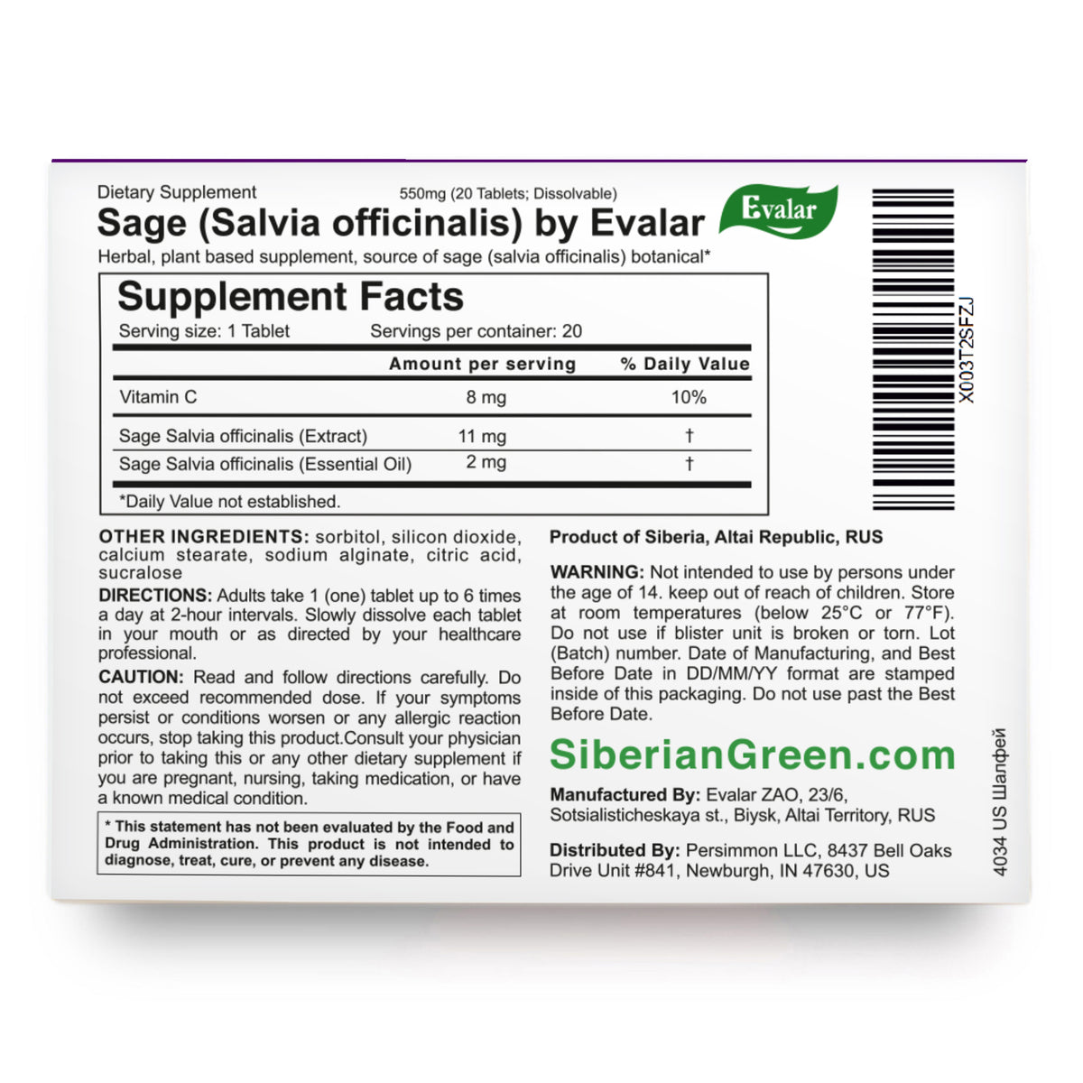 Sauge Salvia officinalis Herbe par Evalar Dissoluble 20 Tabs