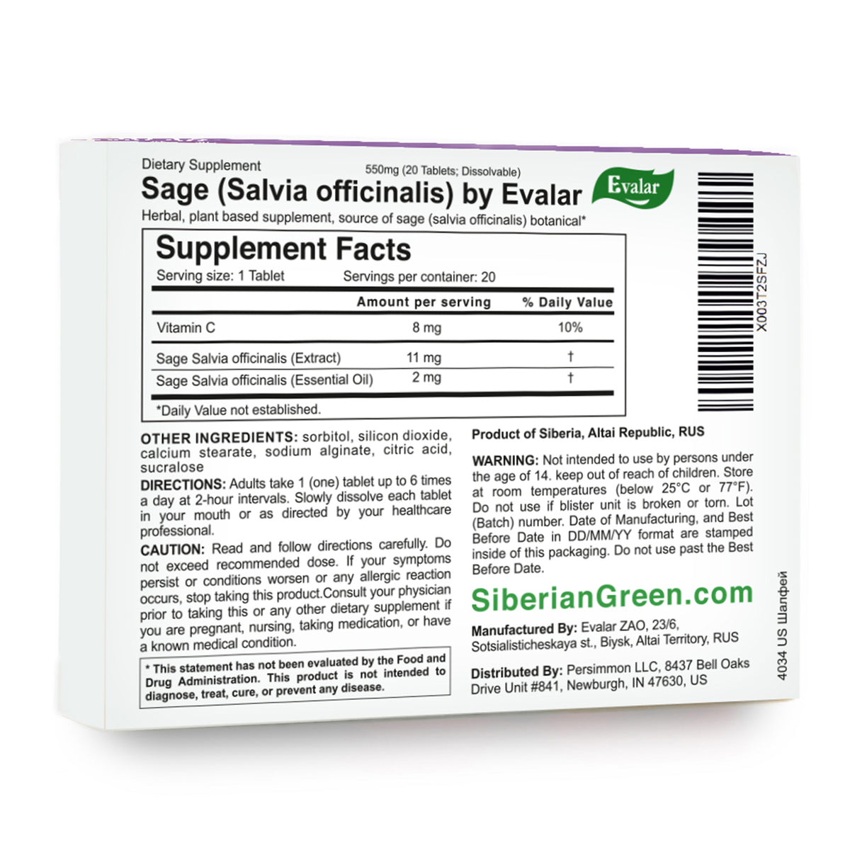 Sauge Salvia officinalis Herbe par Evalar Dissoluble 20 Tabs