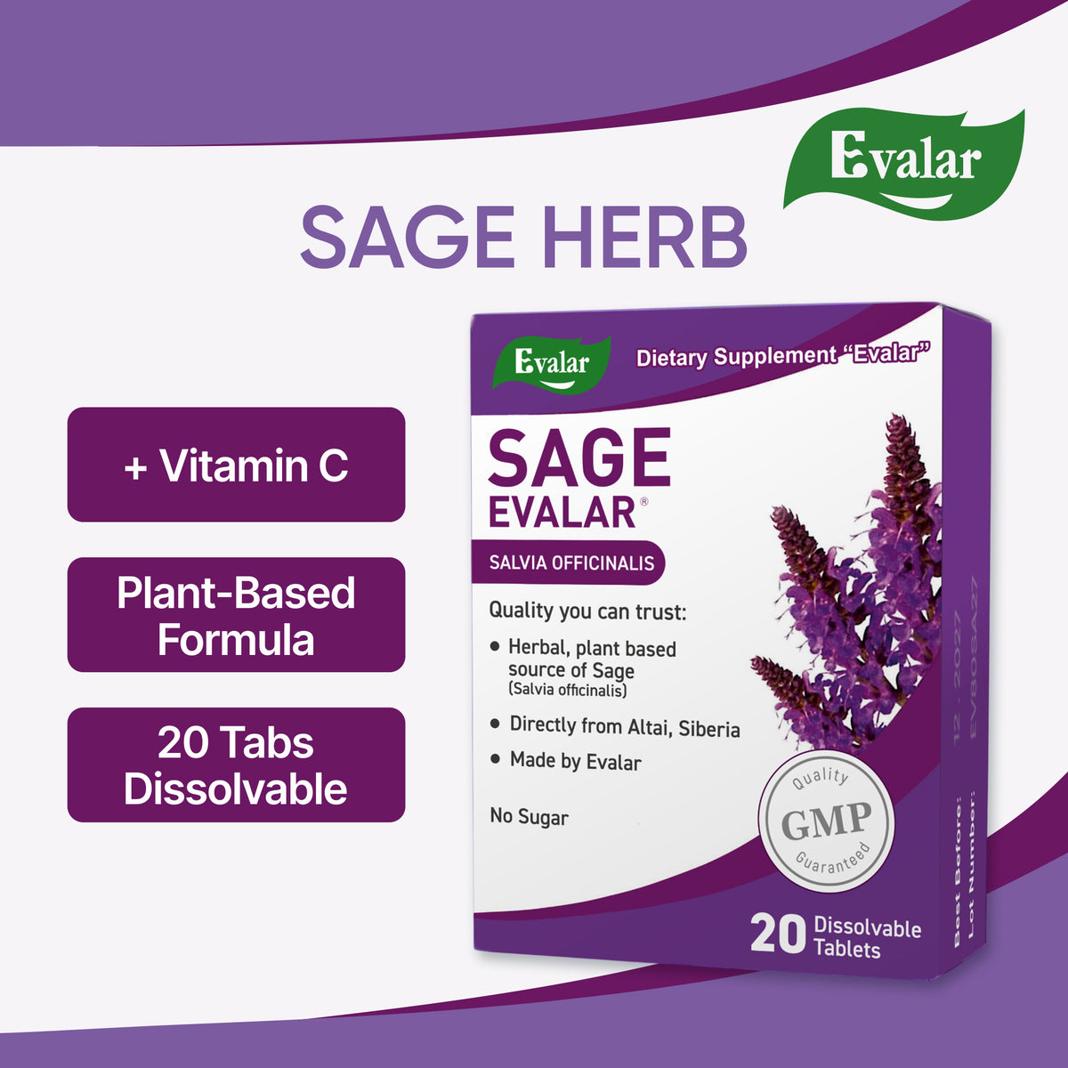 Sauge Salvia officinalis Herbe par Evalar Dissoluble 20 Tabs