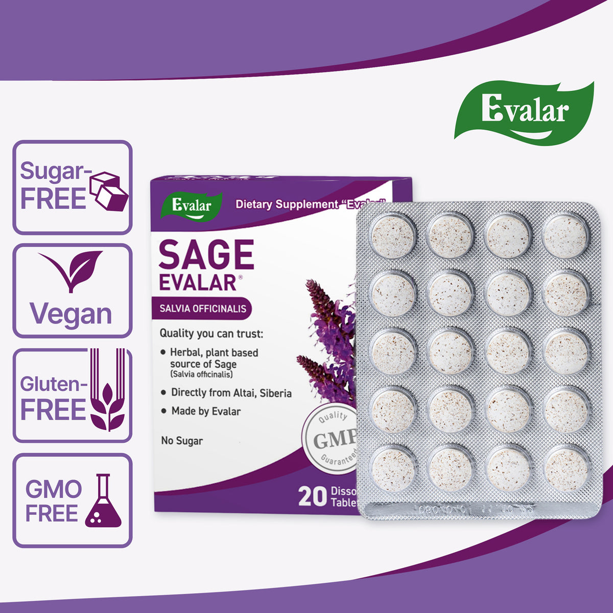 Sauge Salvia officinalis Herbe par Evalar Dissoluble 20 Tabs