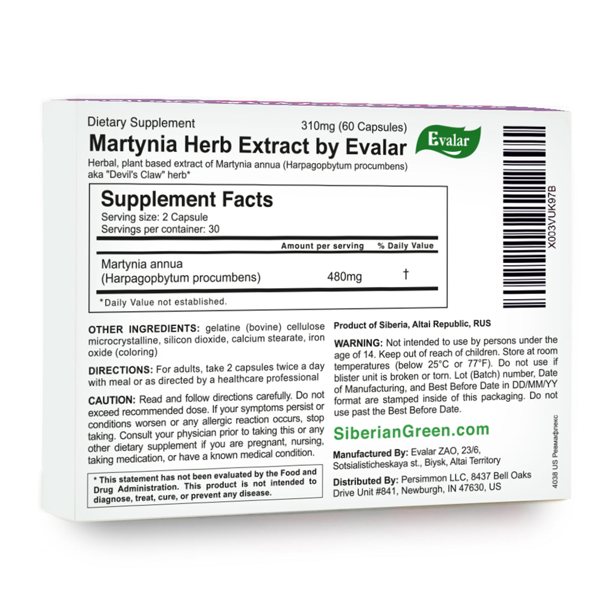 Evalar Martynia Extrait Herbe de Griffe du Diable par Evalar 60 Caps