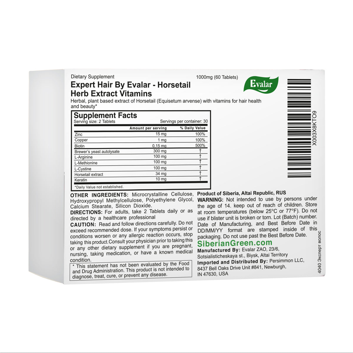 Expert Hair Prêle Herbe Equisetum Arvense Extrait par Evalar 60 Tabs