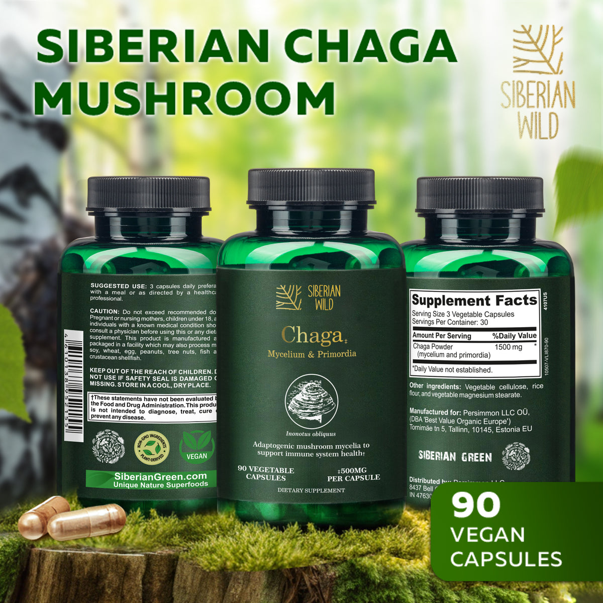 Siberian Wild White Chaga Mushroom Vegan Capsules 1500mg for Immune Support and Energy for Women Men Canada