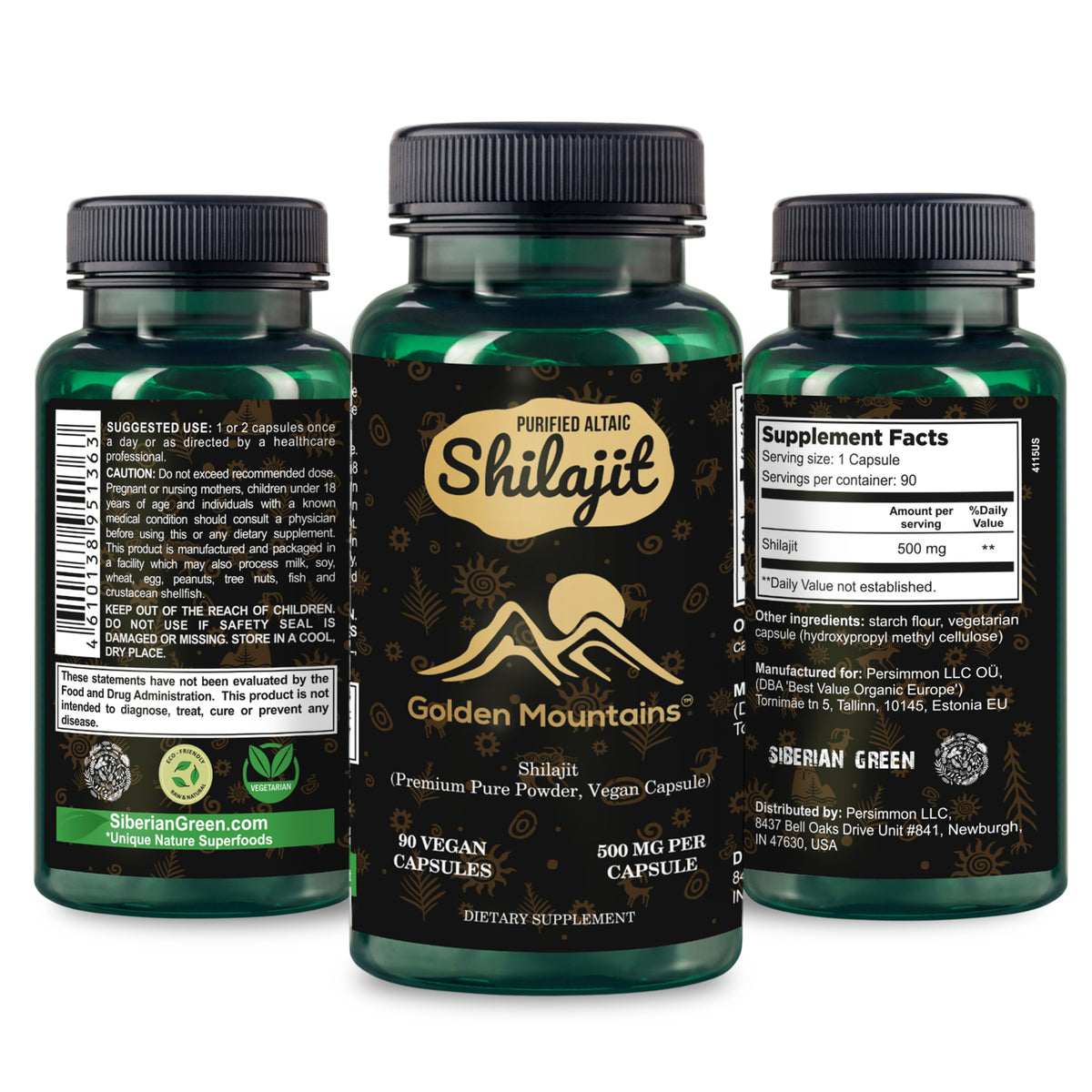 Golden Mountains Shilajit Vegan Capsules - 500mg | 90 Capsules Per Bottle