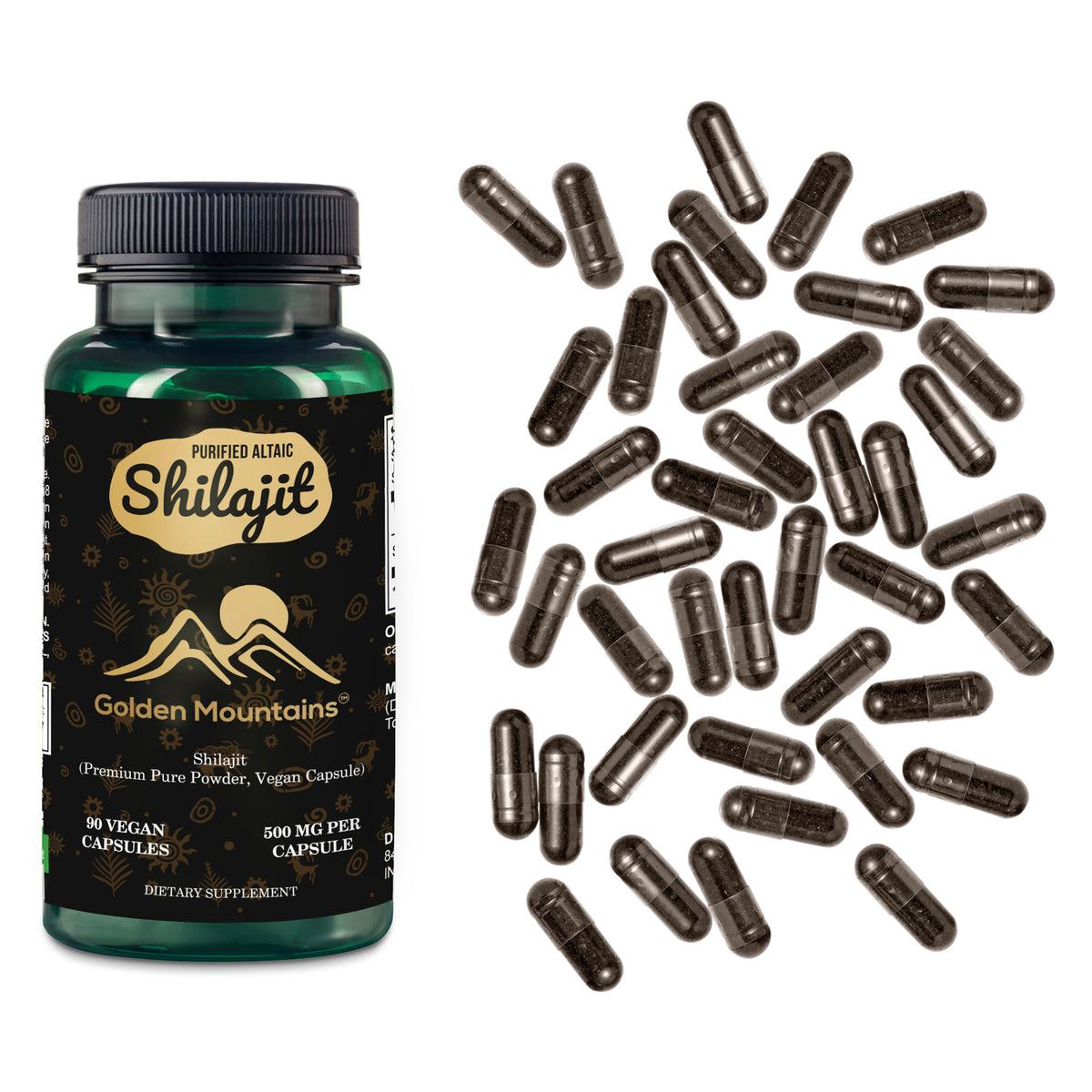 Golden Mountains Shilajit Vegan Capsules - 500mg | 90 Capsules Per Bottle