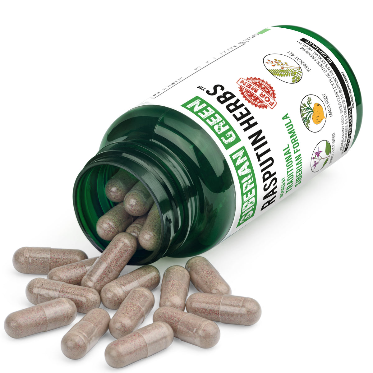 Herbes vertes de Raspoutine de Sibérie avec complexe de racine de Maca de chèvre cornée, 60 capsules