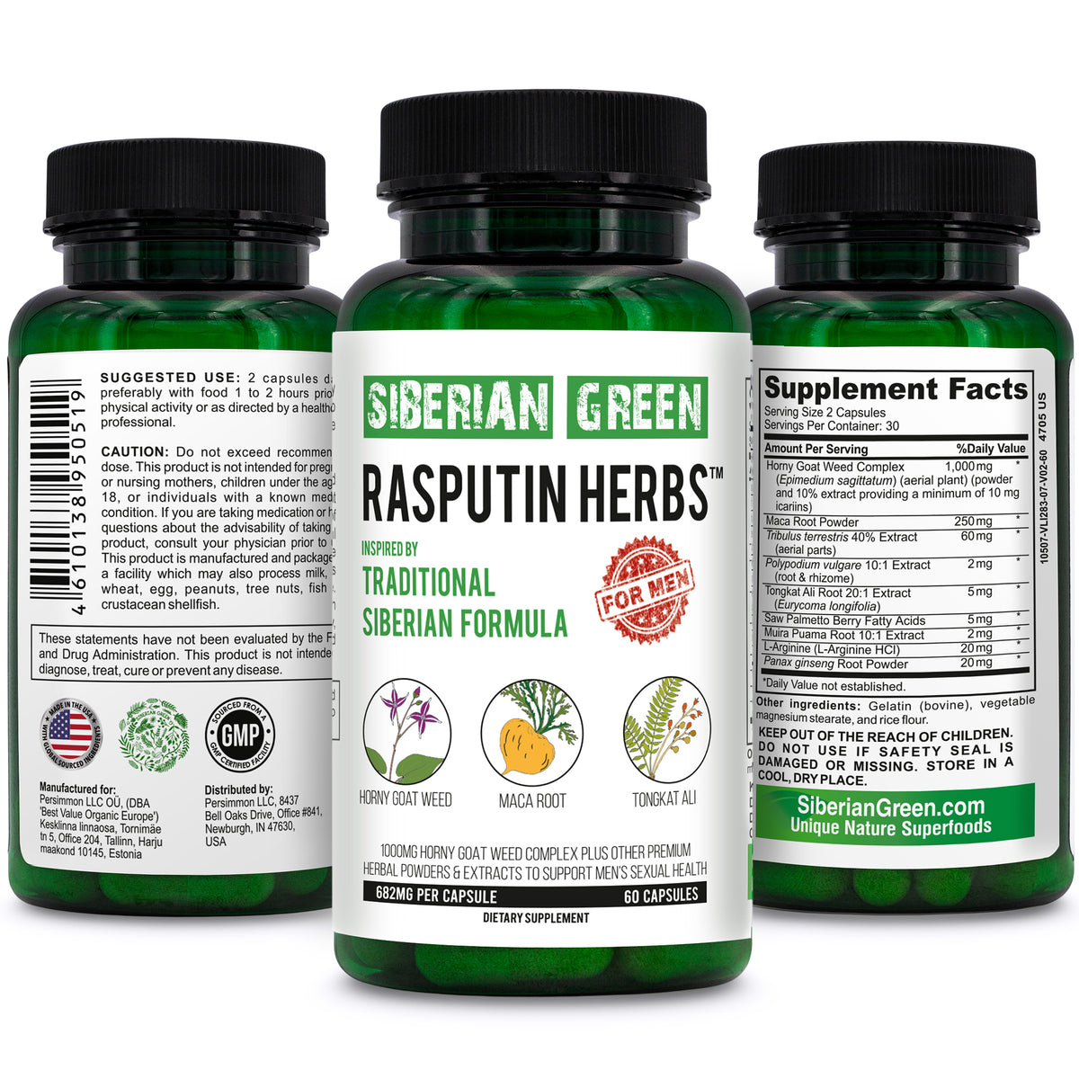 Herbes vertes de Raspoutine de Sibérie avec complexe de racine de Maca de chèvre cornée, 60 capsules